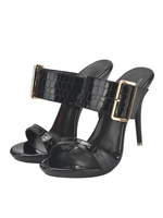 Mules à talons pour femmes avec boucle en cuir PU à imprimé pierre Mules à talons noires