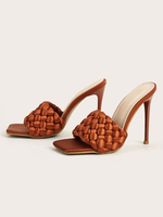 Mules à talons pour femmes; bout carré; pantoufles dété à talons plats en cuir PU