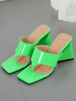 Mules à talons pour femmes; bout carré; pantoufles dété en cuir PU à talons épais
