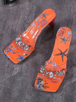 Mules à talons pour femmes; bout ouvert; pantoufles dété en cuir PU