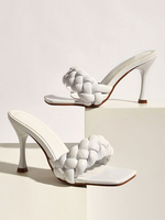 Mules à talons pour femmes; talon aiguille; bout carré; mules blanches en cuir PU