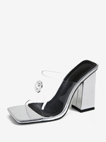 Mules à talons pour femmes tongs supérieures en PVC bout carré Mules à talons épais