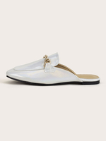Mules blanches en PU verni bout rond chaussures plates décontractées"idiennes pour femmes