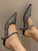 Mules bout pointu noir talon chaton micro daim perles supérieures évider femmes sandales