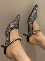 Mules bout pointu noir talon chaton micro daim perles supérieures évider femmes sandales