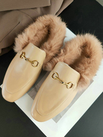 Mules Femme en Fausse Fourrures Synthétique à Cuir Synthétique à Bout Rond avec Boucles Métals Bimatières à Cuir Synthétique Uicolores Mules Femme Chaud Hiver