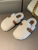 Mules Femme Pantoufles en Fausse Fourrures Synthétique avec Boucles Métals Bimatières Bicolores Mules Femme Chaud Hiver