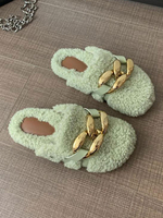 Mules Femme Pantoufles en Fausse Fourrures Synthétique Unicolore à Bout Rond avec Boucles Métals Cousu Cuir Synthétique Mules Femme Chaud Hiver