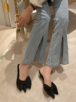 Mules Femmes à Talons Mi-Hautes Fins à Cuir Synthétique avec Bout Pointu Déco avec Noeud Unicolore