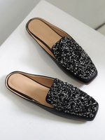 Mules Plates en Paillettes avec Bout Carré Femmes à Cuir Synthétique Bicolores Pantoufles Plates Mules Plates