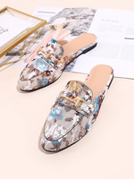 Mules Plates Imprimés avec Bout Rond à Cuir Synthétique Femmes avec Boucles Multicolores Pantoufles Plates