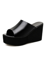 Mules pour femmes noires bout rond talon compensé sans lacet en cuir PU talon décontracté"idien pantoufle