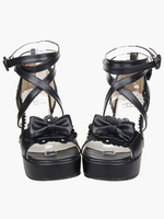 Noir Lolita sandales poney talons plateforme cheville bretelles Bow Déguisements Halloween