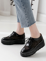 Noir Oxfords Femmes Bout Rond Polka Dot Lace Up Flatform Casual Chaussures