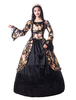 Noir Retro Costumes Femmes Floral Print Bow Dentelle À Volants Mat Satin Robe Epoque Victorienne Style Vintage Vêtements Déguisements Halloween