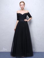 Noir Robes de bal 2021 Longues épaules dénudées Robe de soirée demi-manches Plissées Robes formelles