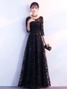 Noir Robes de bal Longue Dentelle Sequin Robe de Soirée Demi Manches Illusion Sash Floor Length Robes Formelles