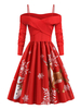 Noël Rétro Robe Des Années 1950 Noir Floral Imprimé Dépaule Ouverte Chaîne Femme Chaînes Manches Courtes Bateau Cou Rockabilly Robe