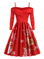 Noël Rétro Robe Des Années 1950 Noir Floral Imprimé Dépaule Ouverte Chaîne Femme Chaînes Manches Courtes Bateau Cou Rockabilly Robe