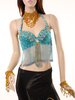 Océan bleu la danse du ventre Costume Fringe Nylon récolte haut licou pour femmes Déguisements Halloween