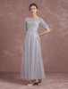 Off The Shoulder Robes de soirée Tulle gris Mère des robes de mariée Robe mi-longue à encolure en mousseline de soie