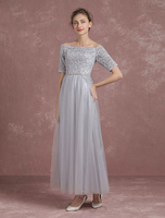 Off The Shoulder Robes de soirée Tulle gris Mère des robes de mariée Robe mi-longue à encolure en mousseline de soie
