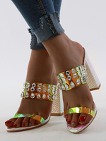 Or Sandales Femme à bout ouvert strass Chunky Slip talon sur les diapositives Sandal