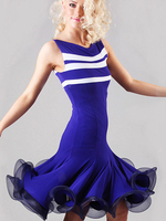 Organza robe de danse latine ronde cou sans manches contraste rayures Ruffles Costume de danse latine Bodycon Déguisements Halloween