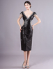 Paillettes mère de la mariée robes noir v cou chaînes gaine de colonne de thé longueur robe de soirée de mariage