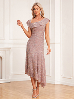 Paillettes robe asymétrique volants une épaule robes de bal mi-longues