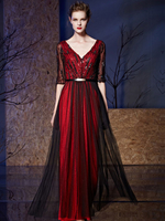 Paillettes robe de soirée Tulle une ligne-parole longueur moitié manches col v mère de la robe de mariée avec ceinture