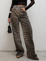 Pantalon en coton marron café à taille naturelle imprimé léopard ample