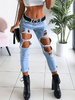 Pantalon en denim bleu pour femme Pantalon déchiré à taille haute avec œillets