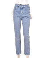 Pantalon en Denim Déchiré à Lacets Croisé Coupe Cintrée à Zip avec Bouton Bicolores Pantalon Long Sexy