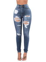 Pantalon en Denim Déchiré Moulant Coupe Cintrée à Zip avec Bouton Bicolores Pantalon Sexy