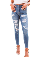 Pantalon en Denim Jean Déchiré Femme Long Coupe Cintrée à Zip avec Bouton Bicolores