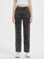 Pantalon en Denim Long Déchiré Femme Coupe Cintrée à Zip avec Bouton avec Poches Unicolore