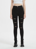 Pantalon en Denim Long Déchiré Femme Coupe Cintrée à Zip avec Bouton avec Poches Unicolore Moulante