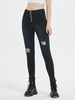 Pantalon en Denim Long Déchiré Femme Coupe Cintrée à Zip avec Bouton avec Poches Unicolore Moulante