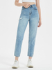 Pantalon en Denim Long Femme Coupe Cintrée à Zip avec Bouton avec Poches Unicolore