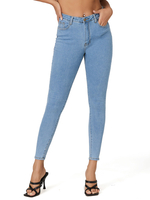 Pantalon en denime pour femme Boutons bleu ciel clair Cowboy Pantalon taille surélevée irrégulière Jean fuselé