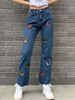 Pantalon Femme Pantalon Bleu Brodé Noeuds Taille Haute En Jean