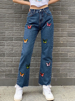 Pantalon Femme Pantalon Bleu Brodé Noeuds Taille Haute En Jean