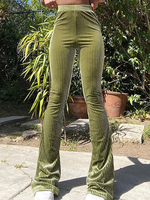 Pantalon Femme Vert Olive Passepoil En Velours Côtelé Stretch Taille Rehaussée Pantalon Évasé