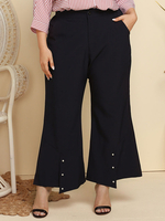 Pantalon grande taille pour femme boutons marine pantalon évasé décontracté en polyester surdimensionné