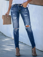 Pantalon Jean en Denim Long Femme Déchiré Moulant Coupe Cintrée à Zip Unicolore