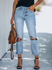 Pantalon Jean en Denim Long Femme Déchiré Moulant Coupe Cintrée à Zip Unicolore