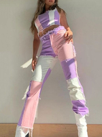 Pantalon Long en Denim Femme Déchiré Coupe Cintrée Cousu Tricolores Pantalon Sexy
