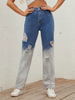 Pantalon pour femme en denim bleu; taille naturelle; pantalon à blocs de couleur; jean déchiré décontracté