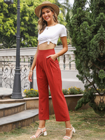 Pantalon rouge plissé en polyester asymétrique taille surélevée dété pantalon droit